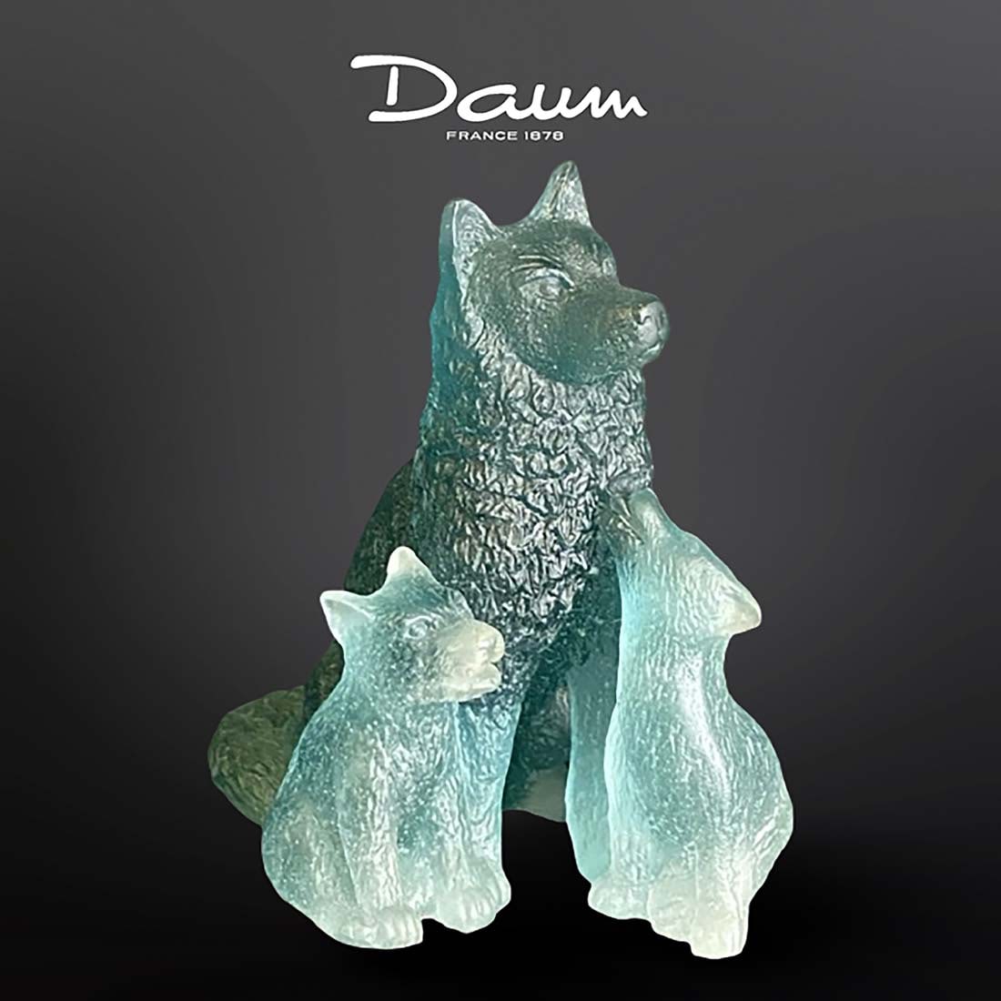 A French Daum Pate De Verre Art Glass Wolf & Pups Figurine Group, Signed: A French Daum Pate De Verre Art Glass Wolf & her two pups Figurine Group, Signed. H 4.1" x L 4.1"