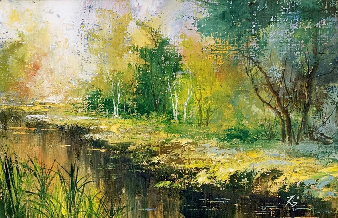 River Evening, A Modernist Acrylic on Paper Painting, Artist Signed - 2