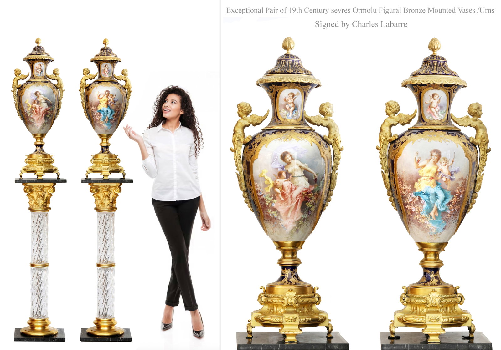 An Exceptional Pair of 19th Century Sevres Figural Bronze Vases/Urns, Signed: An Exceptional Pair of 19th Century Sevres Hand Painted Porcelain Figural Bronze Ormolu Mounted Lidded Vases/Urns, Signed by Charles Labarre. Note: The pedestals are NOT included! H 38"