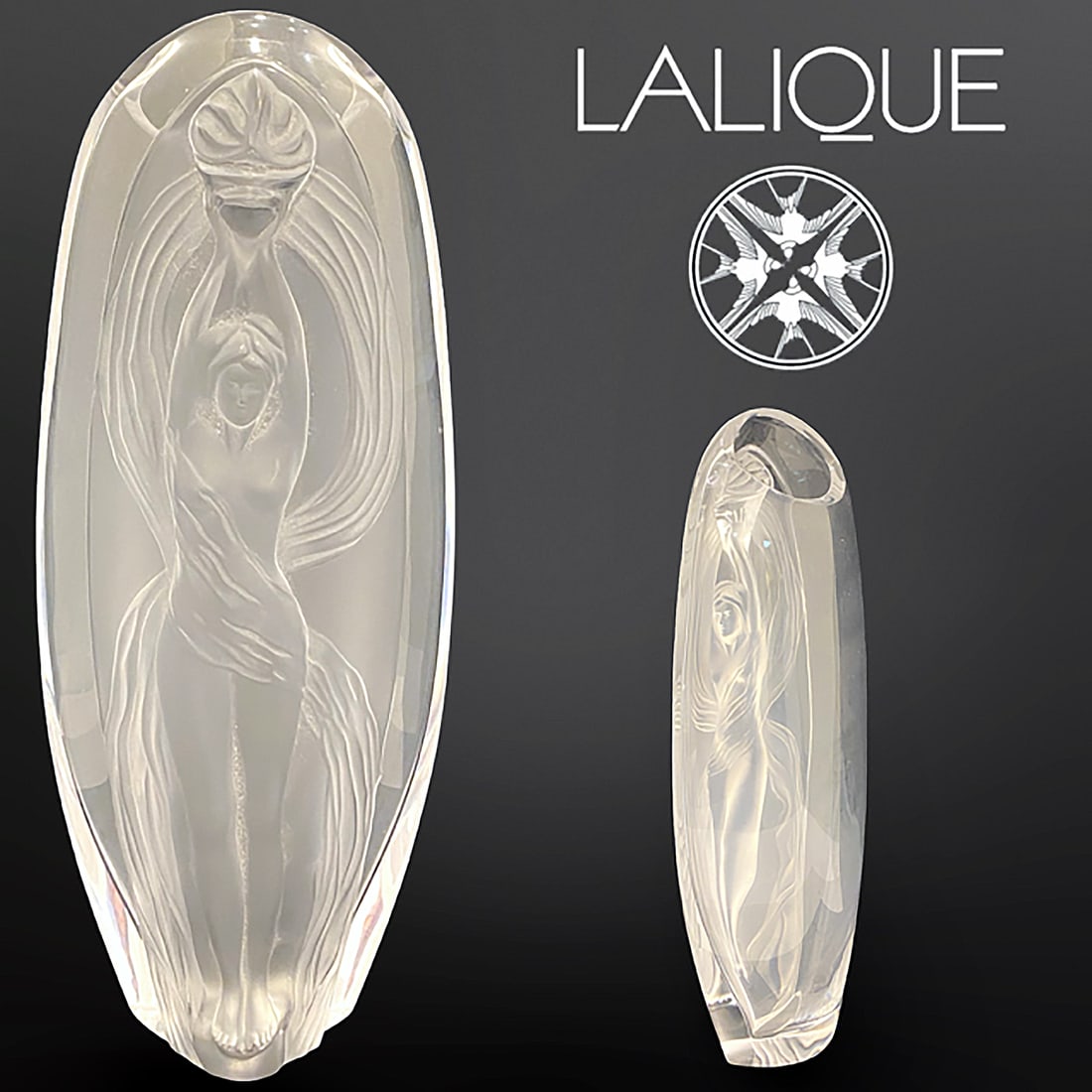A Marie-Claude Lalique Signed Eroica Frosted Oblong Crystal Vase (1 of 4)