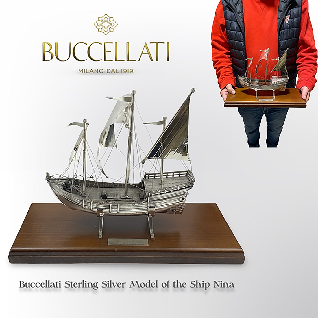 A Buccellati Sterling Silver Model of the Ship Nina on Wooden Base, Hallmarked: An Italian Buccellati Sterling Silver Model of the Ship Nina on Wooden Base, Signed & Hallmarked. The ship weight: 256 grams H 9.75" x L 13.6" x W 5.5"