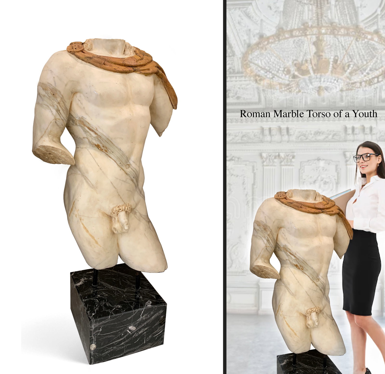 A Large Marble Torso Sculpture of Roman Man on Black Marble Base: A Large Marble Torso Sculpture of Roman Man on Black Marble Base. H 50"