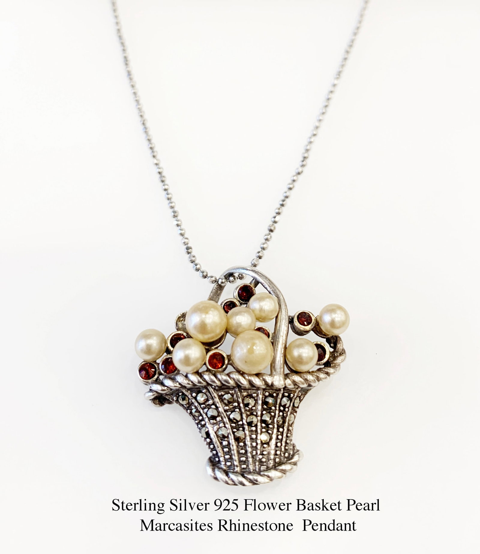 A Sterling Silver Flower Basket Pearl Marcasites Pendant (1 of 4)