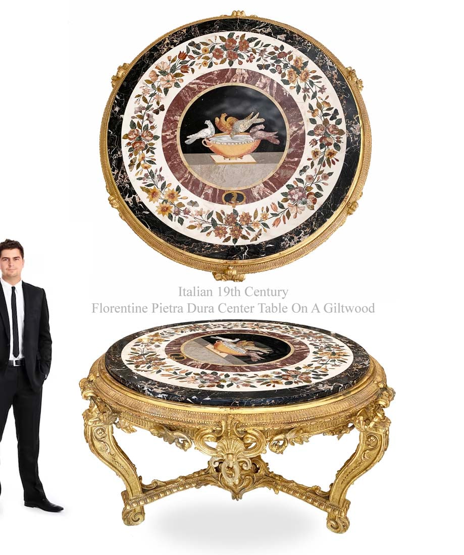 19th Century Italian Giltwood Florentine Pietra Dura Center Table: 19th Century Italian Giltwood Florentine Pietra Dura Center Table. W 55" x H 32"