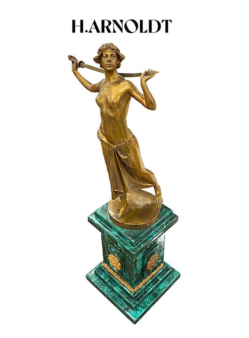19th C. Bronze Sculpture on Malachite Base, H. Arnolot Signed: 19th C. Bronze Statue on Malachite Base signed by H. Arnolot. H 22" x L 7.5" x W 6.25"