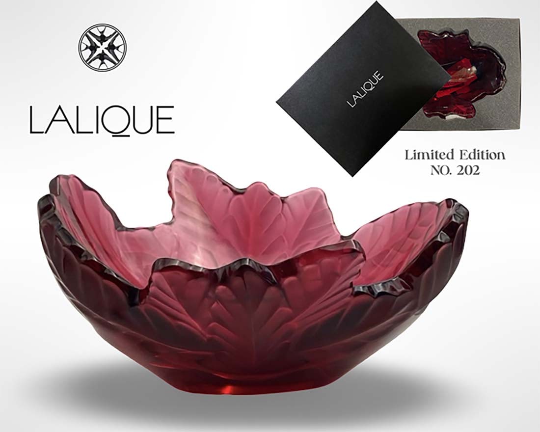 A French Lalique Compiegne Crystal Glass Oak Leaf Bowl/Centerpiece, Ltd Edition: A French Lalique Compiegne Crystal Glass Oak Leaf Bowl/Centerpiece, Signed & numbered, Limited-Edition No. 202. H 4" x L 8" x W 6"