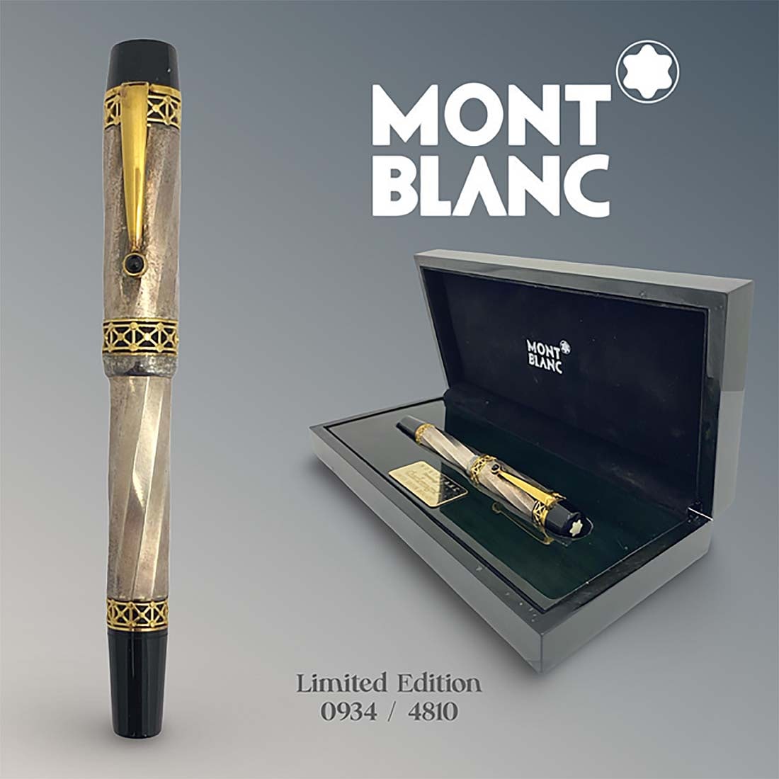 A Montblanc Patron of Art Series Sterling Silver & Gold Fountain Pen, Ltd Edition, Boxed: A German ?Montblanc Karl der Grosse Patron of Art Series Fountain Pen, 925 Sterling silver with 18 ct. 750 Gold, two-toned with engraving Nib & Gold Coated Fittings. Limited Edition, Numbered (0934/48