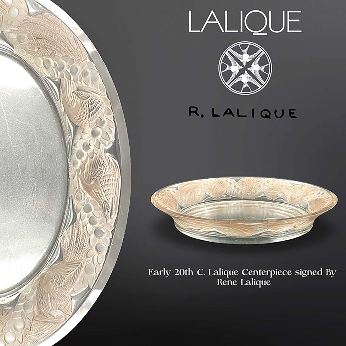An Early 20th Century Rene Lalique Signed Crystal Centerpiece: An Early 20th Century Rene Lalique Signed Crystal Centerpiece. H 2.75" x L 17.1" x W 13"