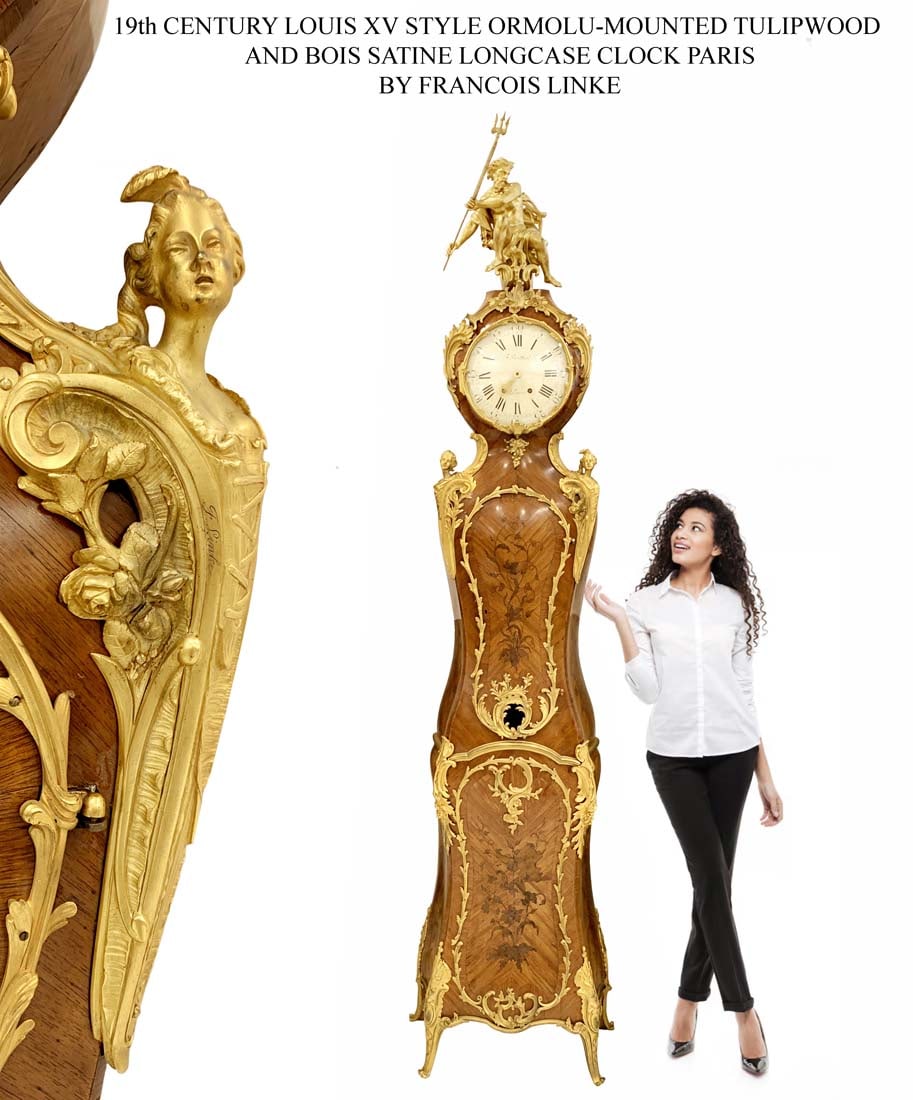 19th C. Louis XV Style Bronze Tulipwood Bois Satine Longcase Clock, F. Linke Signed (1 of 3)