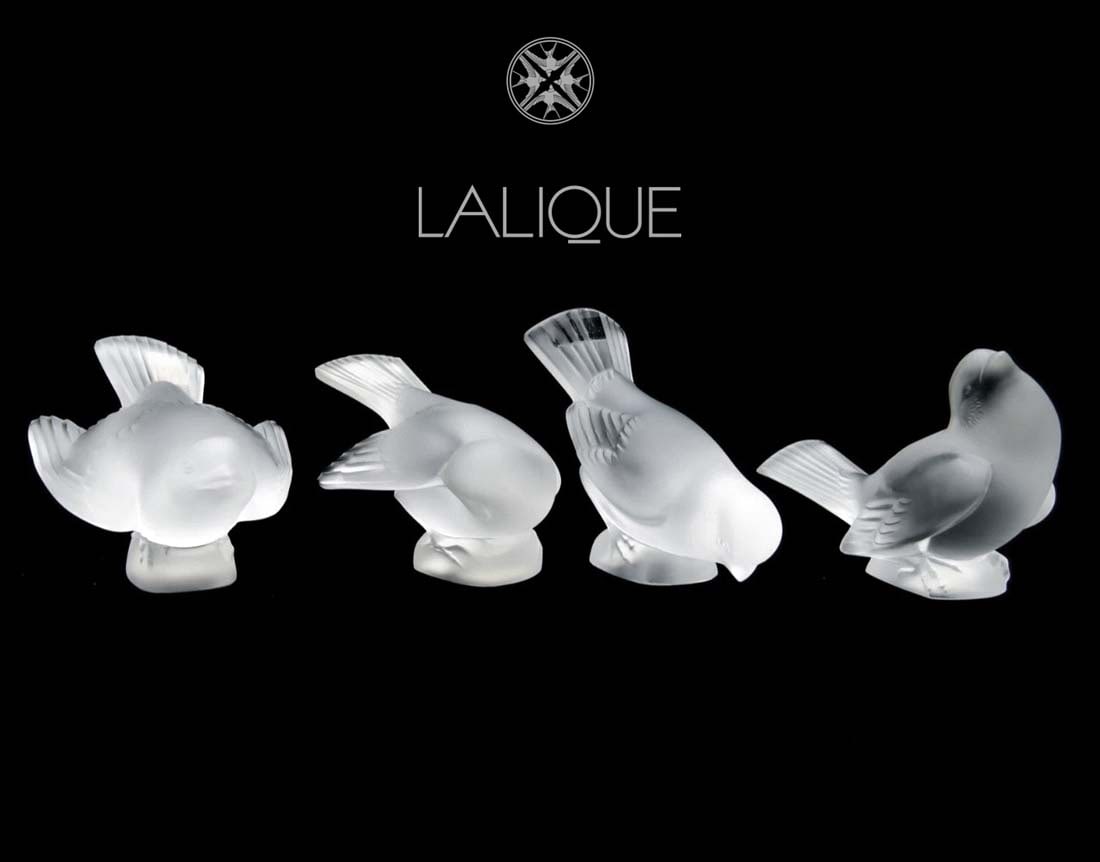 A Set of Four Vintage French Lalique Frosted Crystal Sparrows Figural Paper Weight, Signed (1 of 10)