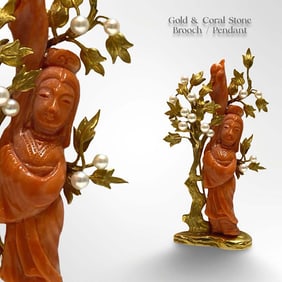 An Asian Gold, Pearl & Figural Coral Stone Brooch/Pendant