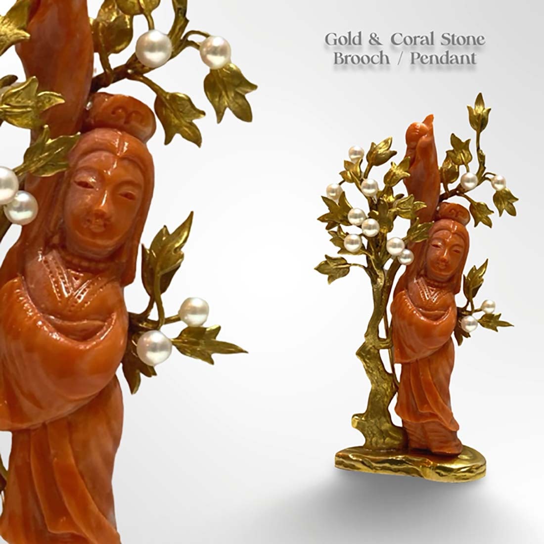 An Asian Gold, Pearl & Figural Coral Stone Brooch/Pendant: Gold, Pearl, and Coral Stone Brooch/Pendant Featuring a Carved Figure in Coral, Set Against a Gold Tree with Pearl-Accented Leaves. Elegant Dual-Purpose Design for Wear as a Brooch or Pendant. H 3.3" 