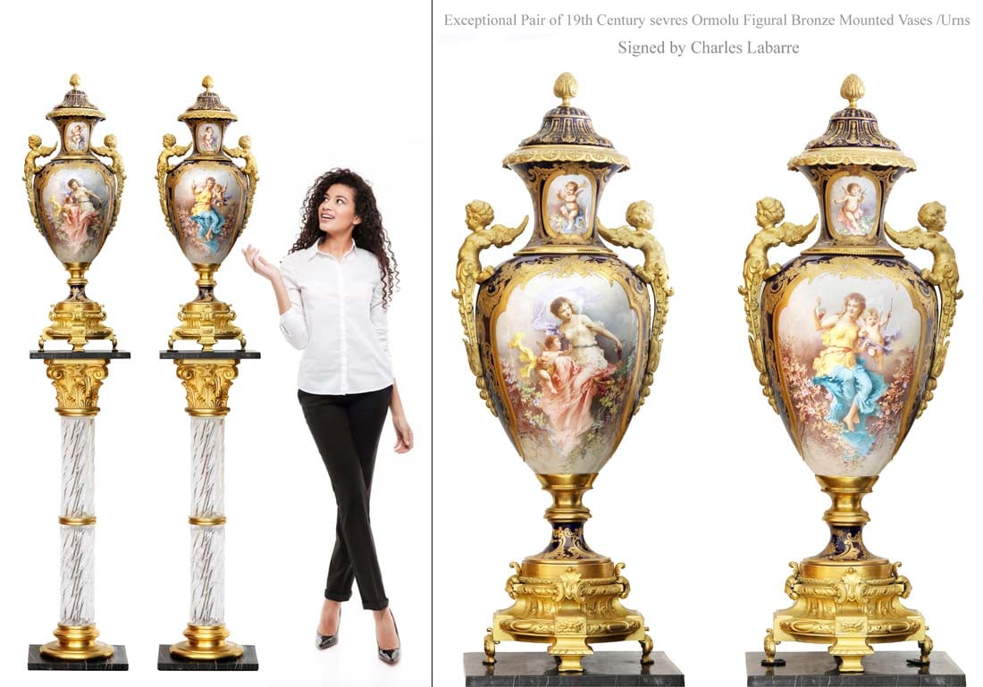 An Exceptional Pair of 19th Century Sevres Figural Bronze Vases/Urns, Signed: An Exceptional Pair of 19th Century Sevres Hand Painted Porcelain Figural Bronze Ormolu Mounted Lidded Vases/Urns, Signed by Charles Labarre. Note: The pedestals are NOT included! H 38"