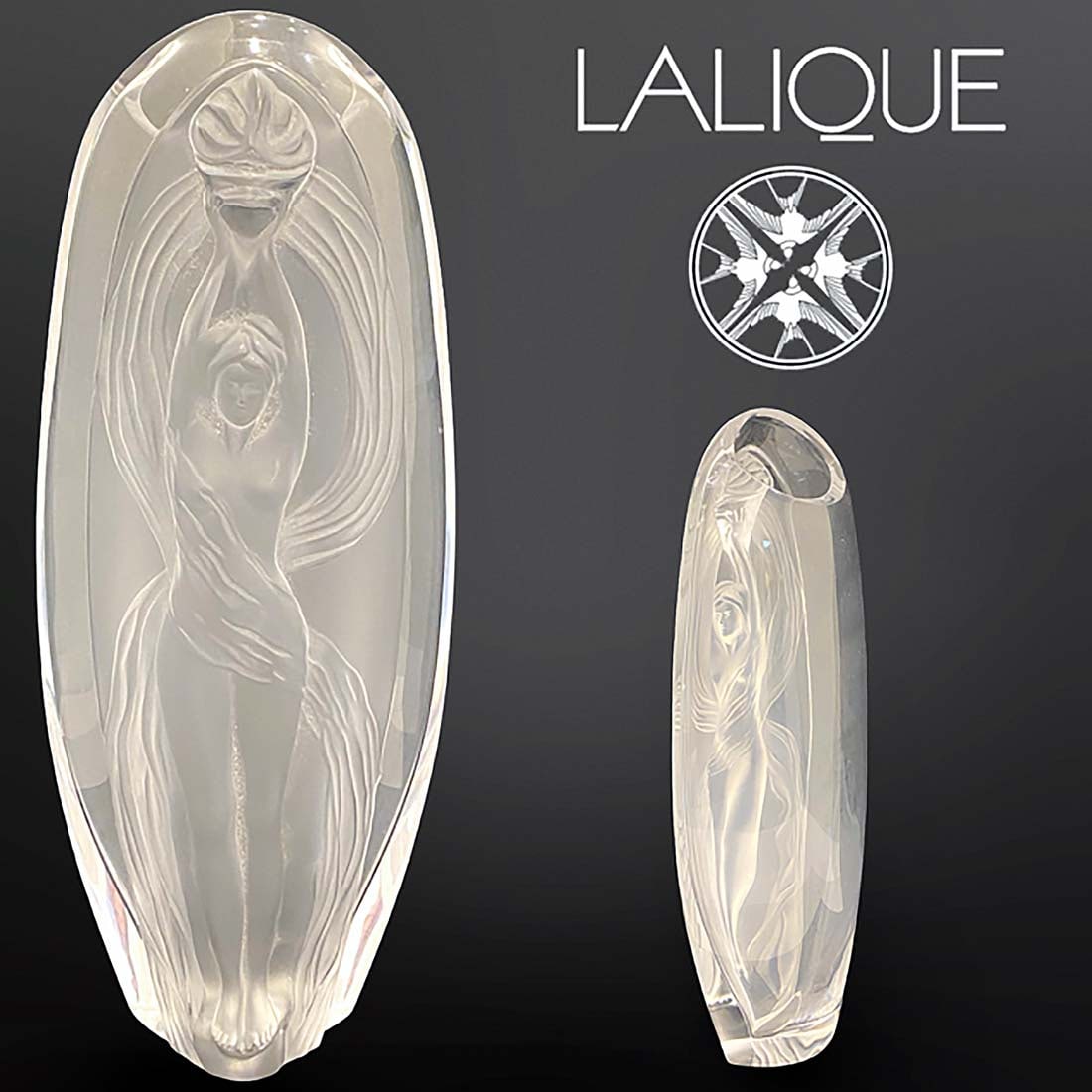 A Marie-Claude Lalique Signed Eroica Frosted Oblong Crystal Vase: A French Marie-Claude Lalique Signed Eroica Frosted Oblong Crystal Vase. H 13.25" x L 5.75" x W 4"