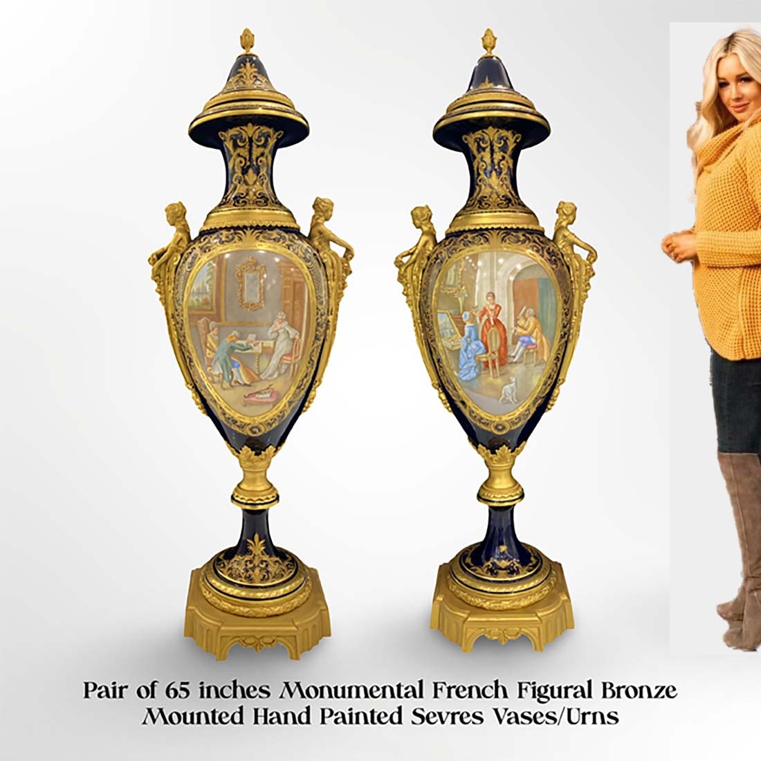 A Pair of Monumental H 65" Sevres Hand Painted Porcelain Figural Bronze Vases/Urns: A Pair of Monumental H 65" 19th C. French Sevres Hand Painted Porcelain Figural Bronze Vases/Urns. Measurements for Each: H 65" x L 23.5" x W 17.25"