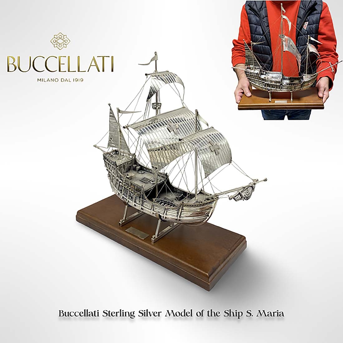 A Buccellati Sterling Silver Model of the Ship S. Maria on Wooden Base, Hallmarked (1 of 8)