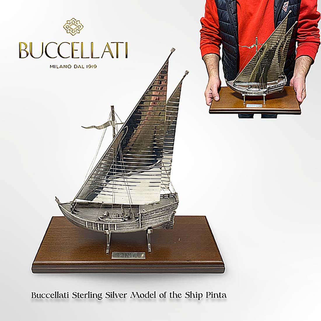 A Buccellati Sterling Silver Model of the Ship Pinta on Wooden Base, Hallmarked: An Italian Buccellati Sterling Silver Model of the Ship Pinta on Wooden Base, Signed & Hallmarked. The ship weight: 404 grams H 14" x L 13.6" x W 5.5"