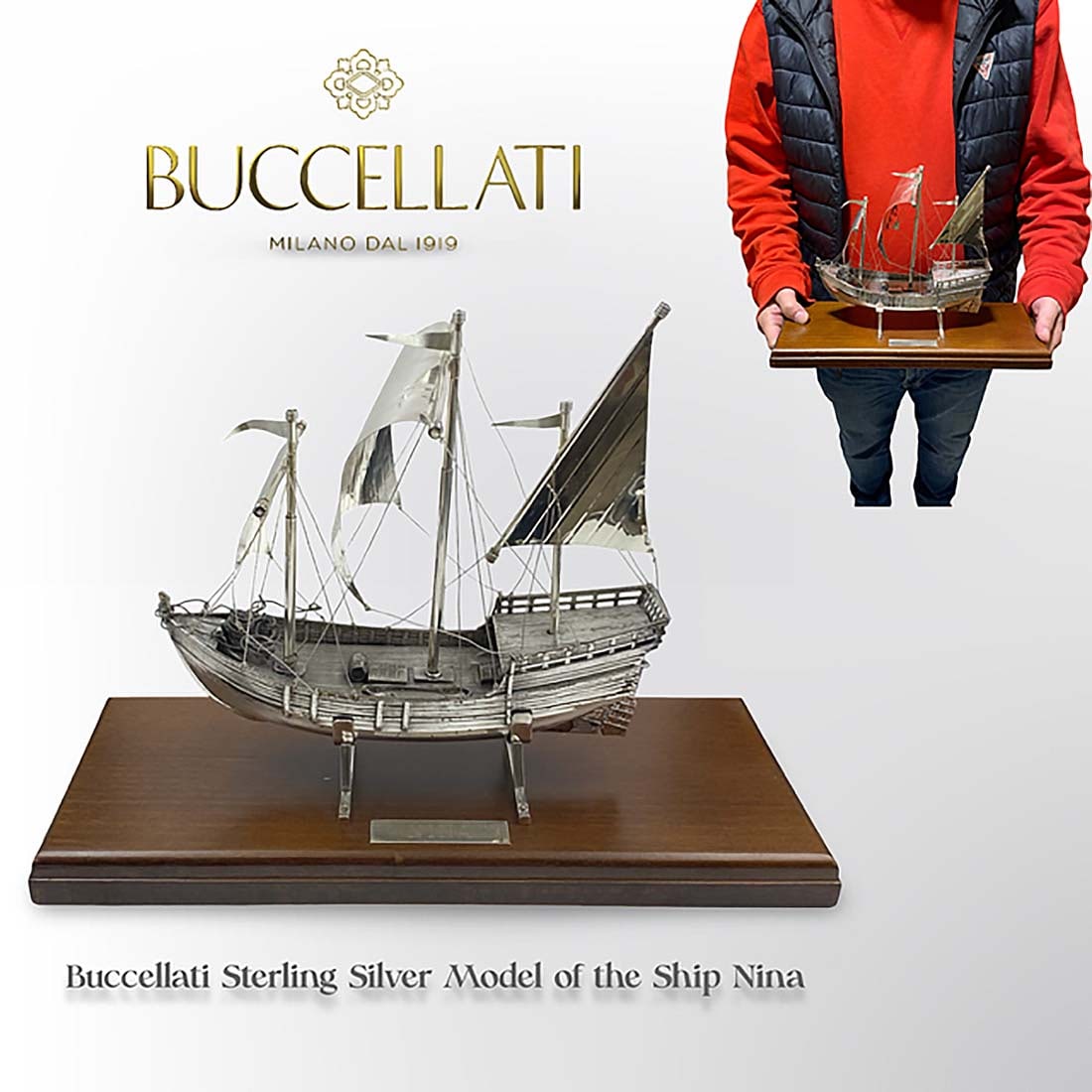 A Buccellati Sterling Silver Model of the Ship Nina on Wooden Base, Hallmarked: An Italian Buccellati Sterling Silver Model of the Ship Nina on Wooden Base, Signed & Hallmarked. The ship weight: 256 grams H 9.75" x L 13.6" x W 5.5"