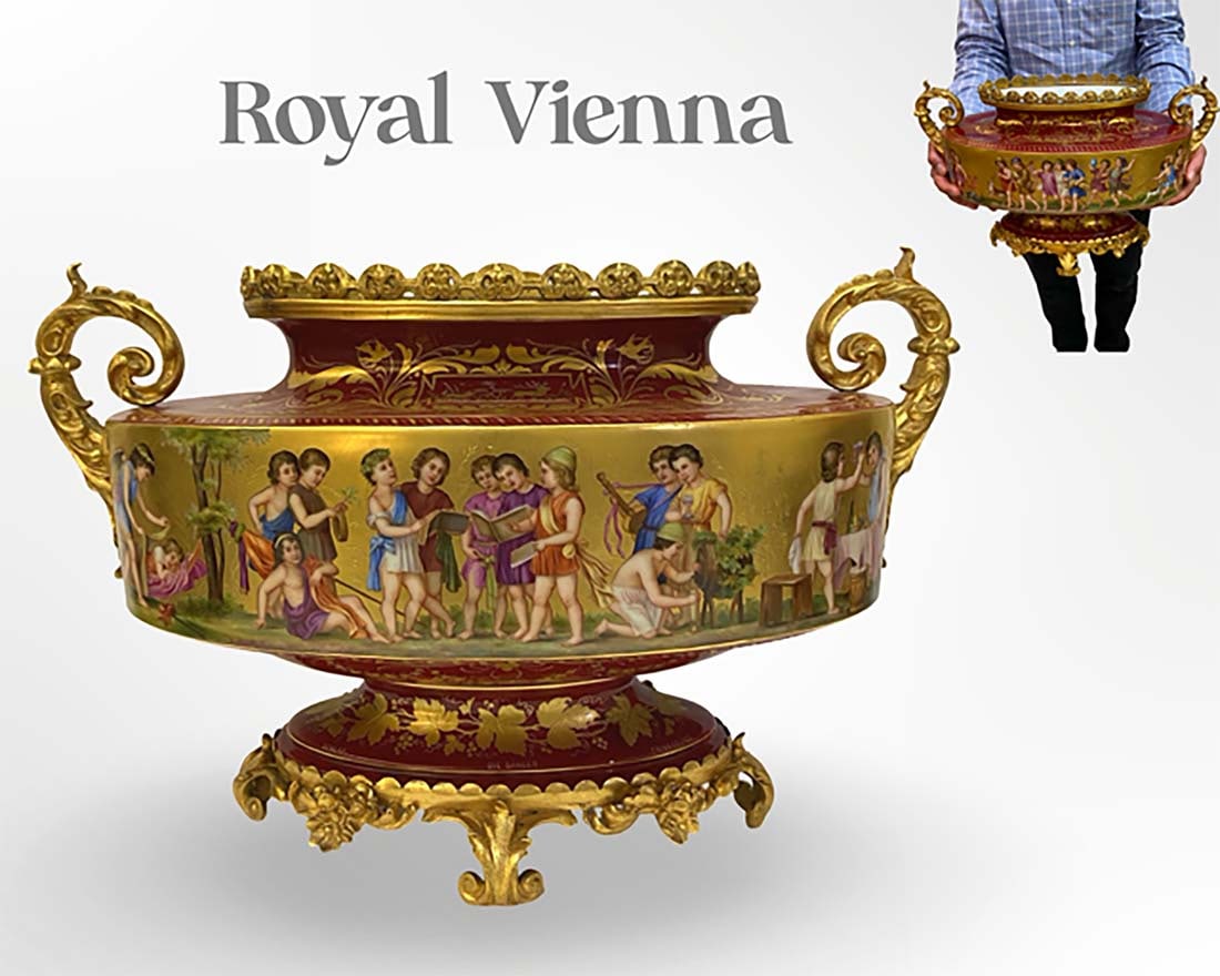 A Large 19th C. Royal Vienna Bronze Hand Painted Porcelain Centerpiece, Signed: A Large 19th C. Austrian Royal Vienna Bronze Hand Painted Porcelain Centerpiece, Hallmarked & Signed by Sibl. Measurements: H 12" x L 18.75" x W 9.5"