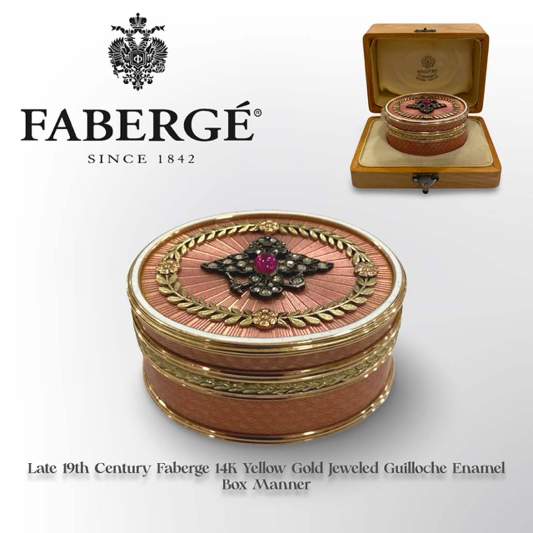 A Late 19th C. Faberge 14K Yellow Gold Jeweled Guilloche Enamel Trinket Box: A Late 19th Century Russian Faberge 14K Yellow Gold Jeweled Guilloche Enamel Trinket Box in original box. Trinket box: H 1.1" x L 2.2" x W 1.75", Presentation Box: H 2 1" x L 3.5" x W 2.5"