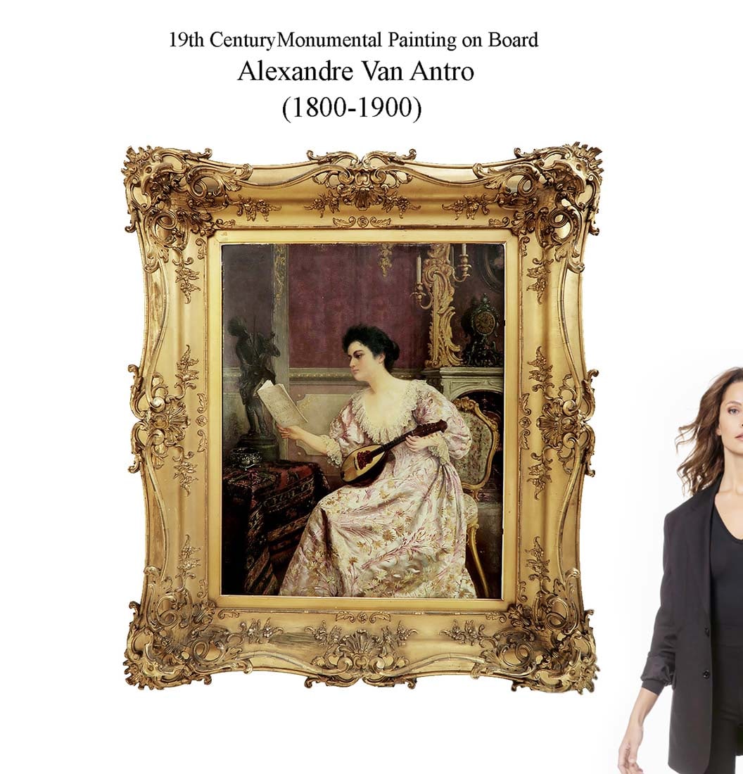 Very Large 19th C. Oil On Board Gilt Framed Painting, Signed By Alexandre Van Antro: 19th C. Alexandre Van Antro (1800-1900 Belgium) Original Oil on Wood Painting In Museum Quality Gilt Frame. This stunning piece was painted by a master of the 19th century. It depicts a woman holding 