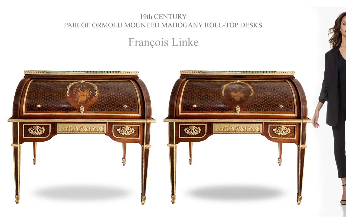 A Pair of 19th C. French F. Linke Bronze Mahogany Roll Top Desks, Signed: A Pair of 19th C. Ormolu Mounted Mahogany Roll Top Desks, Signed By Francois Linke. H 44.5" x 45" x 25"