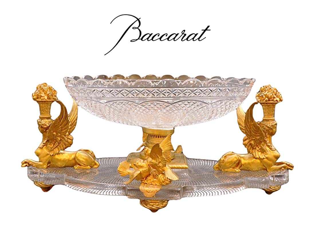 A French Baccarat Hand-Diamond Cut Crystal & Bronze Centerpiece/Surtout de Table: A French Baccarat Hand-Diamond Cut Crystal & Ormolu Mounted Centerpiece/Surtout de Table. H 10" x L 22" x W 11"