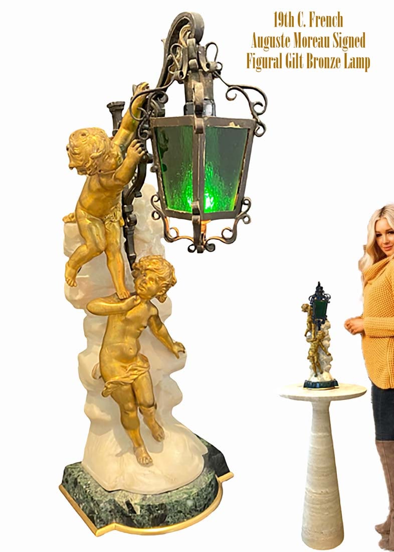 19th C. French Auguste Moreau Signed Figural Gilt Bronze Lamp (1 of 6)