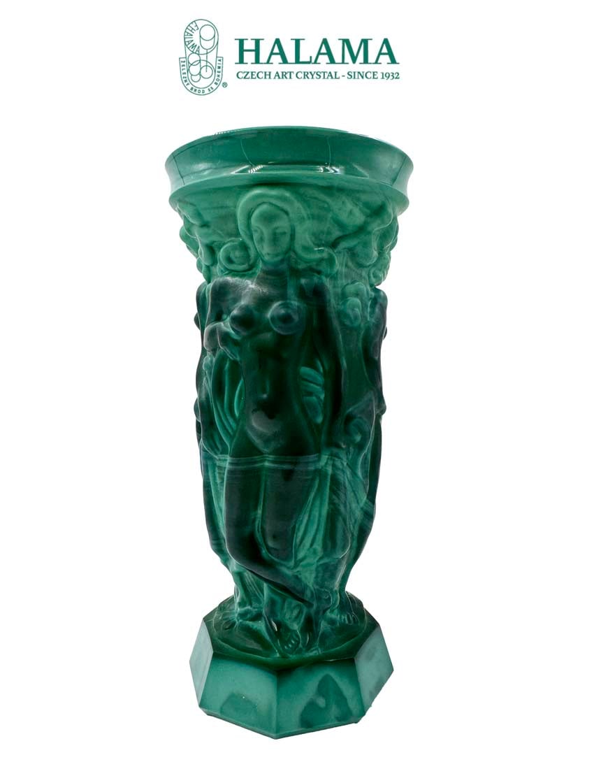 A Vintage Bohemian Frantisek Halama Three Graces Malachite Art Glass Vase W/ Box: A Vintage Bohemian Frantisek Halama Three Graces Malachite Art Glass Vase in original box. H 8.8" x D 4.1"