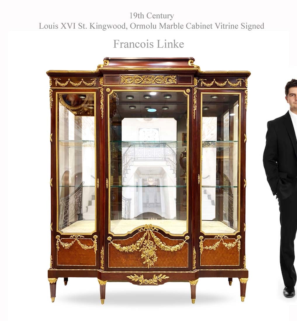 19th C. Francois Linke Louis XVI Style Kingwood Bronze Marble Vitrine Cabinet, Signed: 19th Century French Louis XVI Style Kingwood Ormolu Marble Vitrine Cabinet, Signed by Francois Linke. H 75" x L 61.5" x W 15.25"