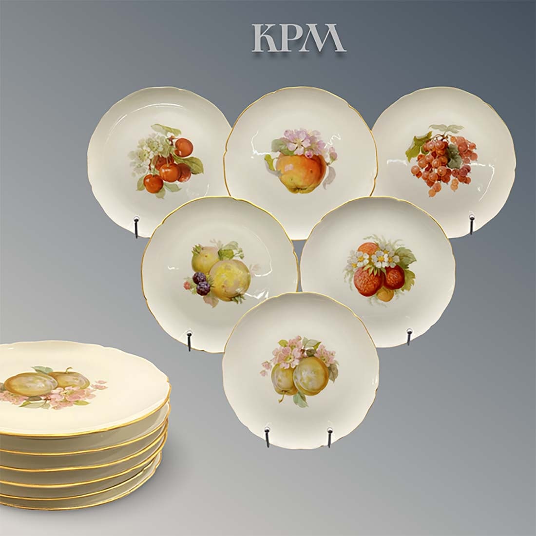A Set of Six German Berlin KPM Hand Painted Porcelain Plates, Hallmarked (1 of 12)
