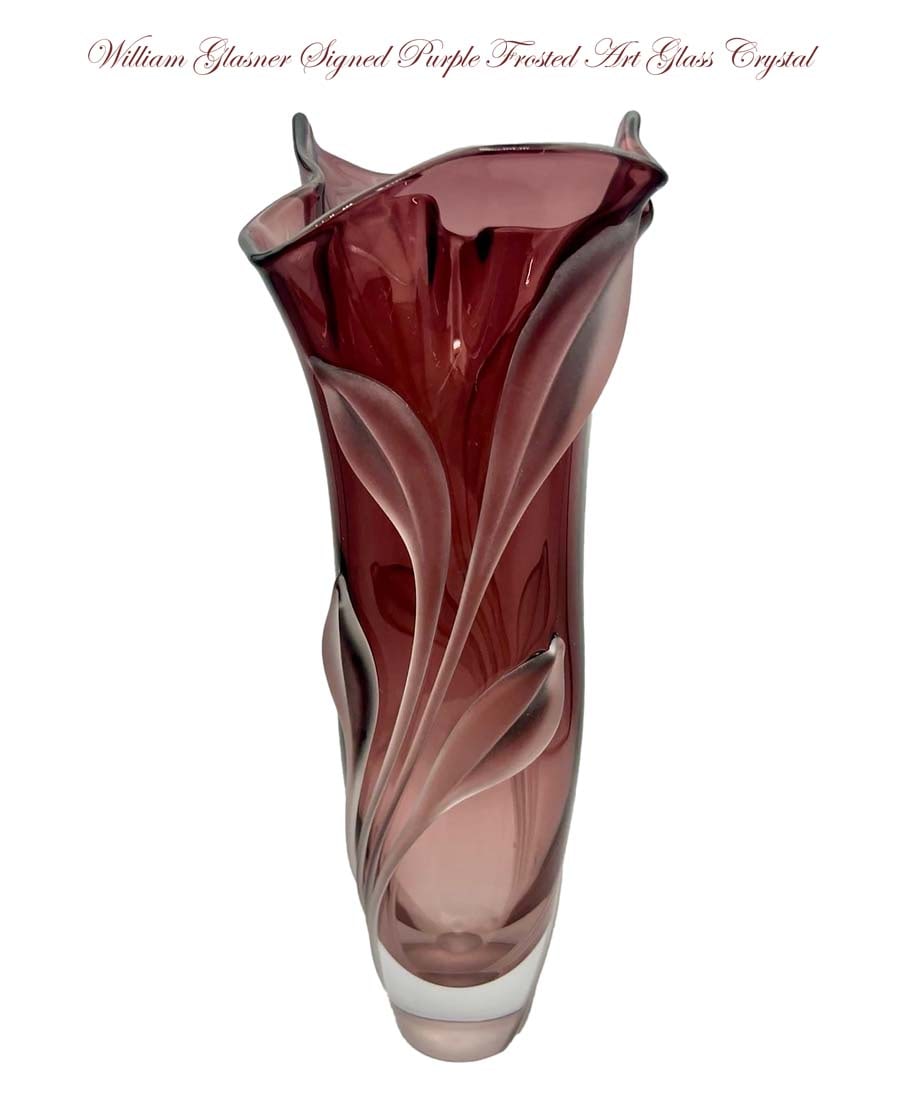 A William Glasner Signed Purple Frosted Art Glass Crystal Plum Leaf Leaves Vase (1 of 6)