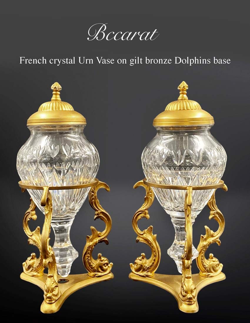 A Pair of French Baccarat Clear Crystal & Figural Bronze Urns/Vases: A Pair of French Baccarat Clear Crystal on Figural Dolphins Bronze Base Urns/Vases. H 12.5"