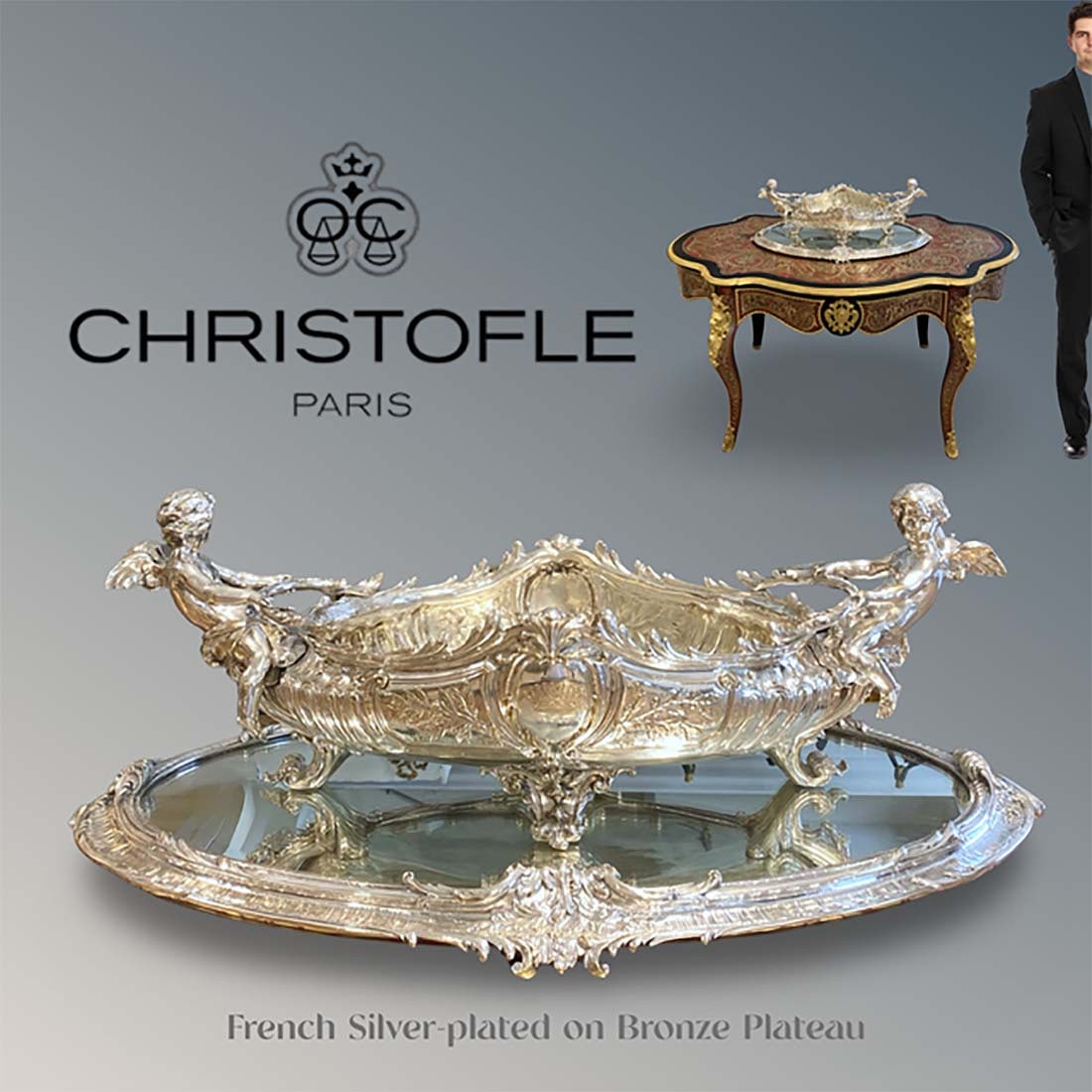 A Large 19th C. French Christofle Silver-Plated Figural Jardiniere on Plateau: A Large 19th Century French Silver-Plated Figural Jardiniere & Plateau by Christofle Planter. Note: The pedestal is NOT included! Jardiniere: H 9.5" x L 27" x W 13.4", Plateau: H 2" x L 31.25" x W 19.