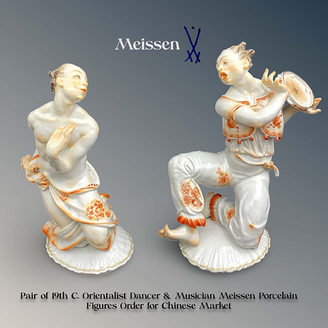 A Pair of 19th C. German Meissen Orientalist Dancer & Musician Figurines, Signed (1 of 10)
