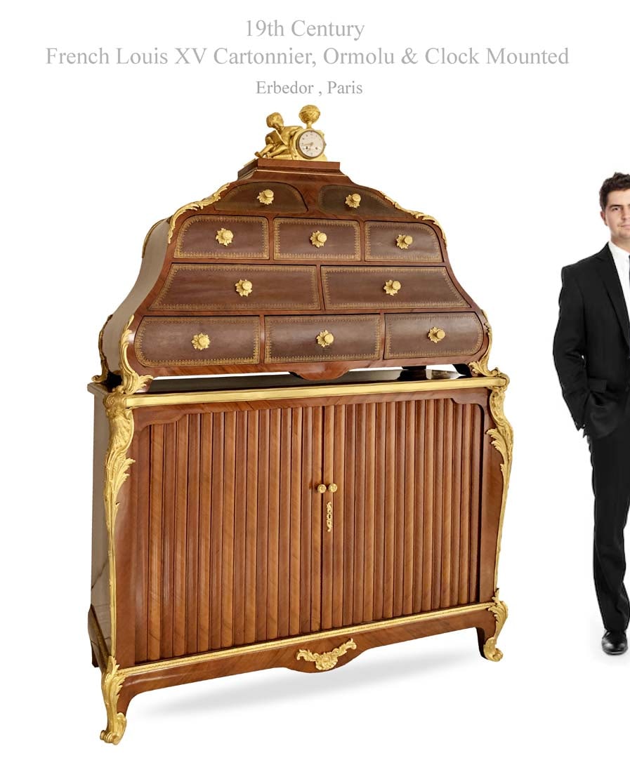 19th C. Paris Louis XV Cartonier Bronze & Ormolu Clock Cabinet By Erbedor: 19th C. French Louis XV Cartonier Bronze & Ormolu Clock Mounted Cabinet by Erbedor Paris. H 82" x 55" x 18"