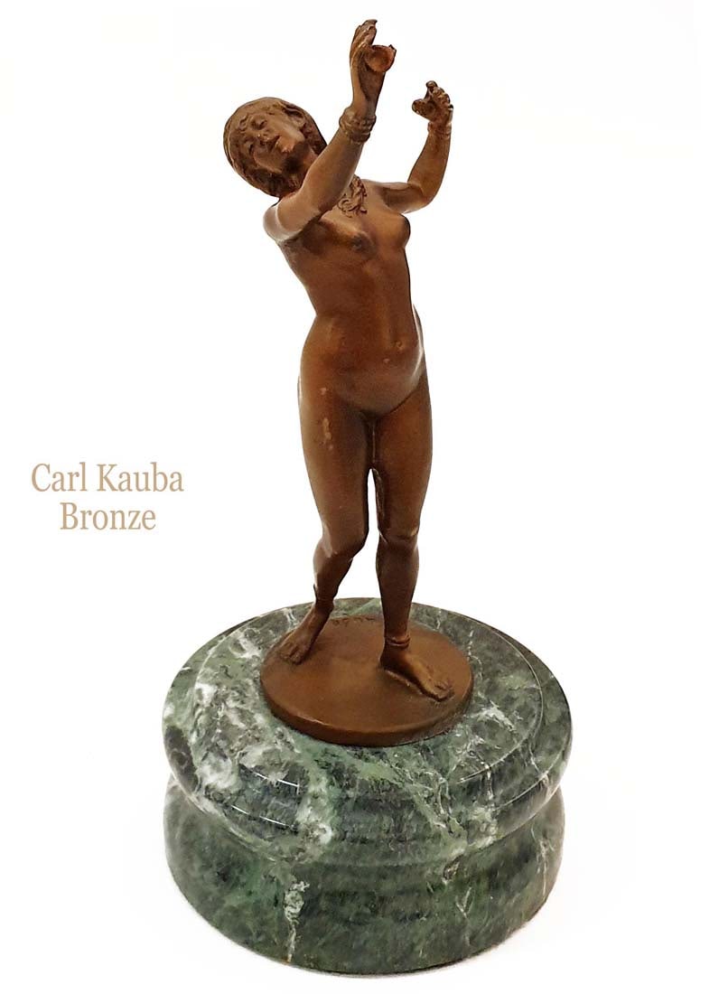 A Carl Kauba (1865 - 1922) Indian Dancer Bronze Figurine, Signed: Indian (Native American) Dancer, Very Rare Carl Kauba Bronze sculpture on Green Marble base, Signed! H 10.1/4" X D 5". About Artist: Carl Kauba was born August 13, 1865, in Vienna, Austria. The son of