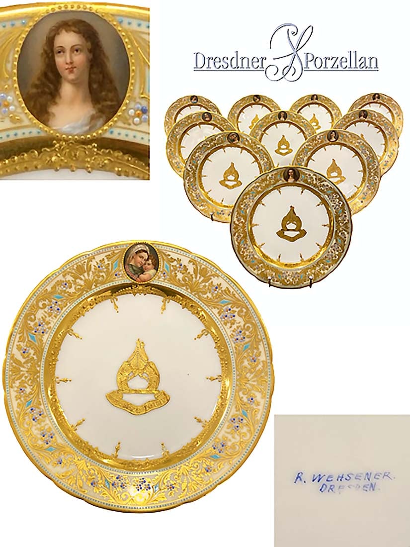 A Lot of Ten 19th C. German Dresden Gilt Porcelain Decorative Plates, Hallmarked (1 of 20)