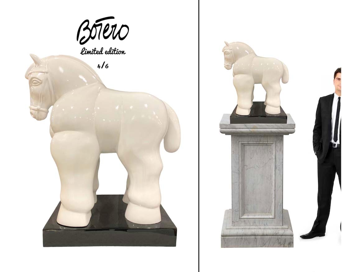 A Large Limited Edition Botero Bronze White Trojan Horse Sculpture, Signed: A Large Limited Edition Botero Bronze White Trojan Horse Statue. Signed and Numbered (4/6). Note: The pedestal is NOT included! H 22.5" x L 15" x W 11.5"