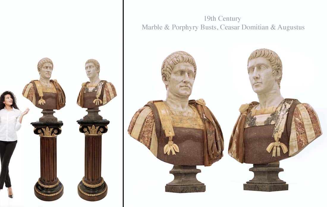 Ceasar Domitian & Augustus, A Pair of 19th C. Marble & Porphyry Busts (1 of 4)
