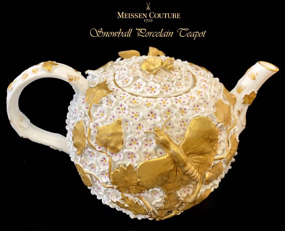 19th C. German Meissen Snowball Porcelain Teapot, Signed: 19th C. German Meissen Snowball Porcelain Teapot, Hallmarked. H 3.75" x L 7" x W 5"