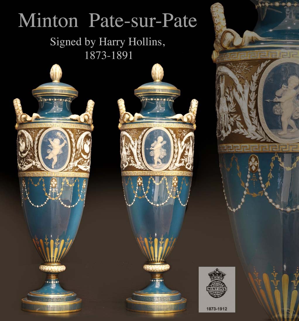 A Pair of 19th C. Minton Pate-Sur-Pate Porcelain Vases, Harry Hollins Signed: A Pair of 19th C. English Minton Pate-Sur-Pate Porcelain Vases Signed by Harry Hollins & Hallmarked. H 16"