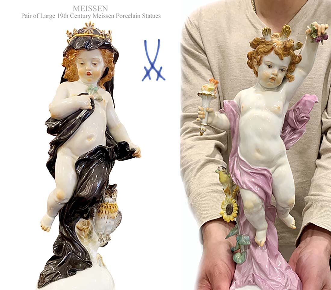 A Pair of Large 19th C. Meissen Hand Painted Porcelain Figurines, Hallmarked: A Pair of Large 19th Century German Meissen Hand Painted Porcelain Statue, Hallmarked. H 13.75" x L 4.5", H 14.25" x L 4.75"