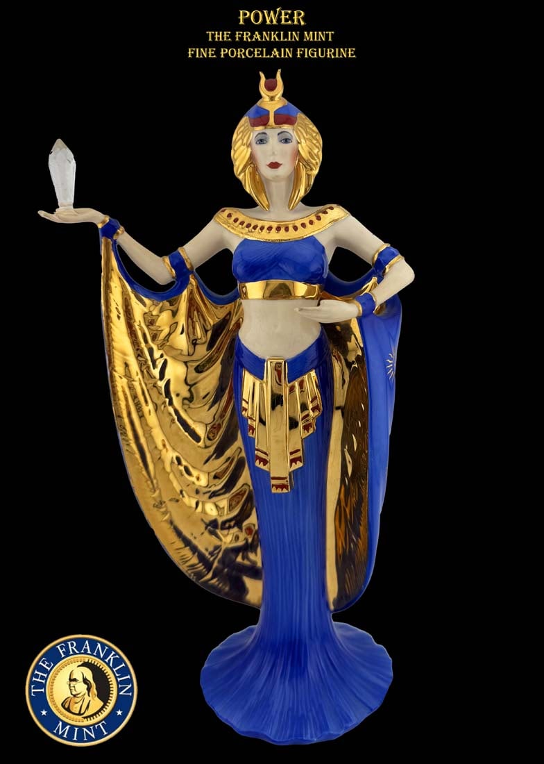 Power, 20th C. The Franklin Mint Fine Porcelain Figurine, Signed: The Franklin Mint Power Woman (Egyptian Cleopatra) Hand Painted Blue Gold Fine Porcelain Figurine, Hallmarked, Circa 1990. 6" x 3.5" x H 10.75"