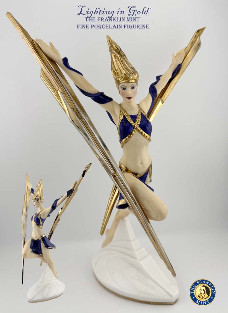 Lighting in Gold, 20th C. The Franklin Mint Fine Porcelain Figurine, Signed: The Franklin Mint Lighting in Gold Hand Painted White Gold Fine Porcelain Figurine, Hallmarked, Circa 1989. 5.5" x 8.5" x H 11"