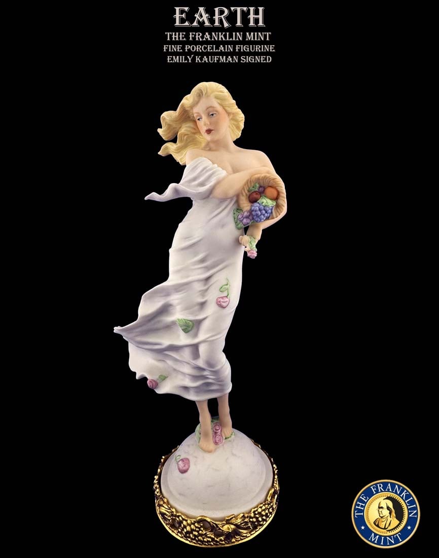 Earth, 20th C. The Franklin Mint Fine Porcelain Figurine, Emily Kaufman Signed: The Franklin Mint Earth Hand Painted Matt White Fine Porcelain Figurine on brass base, signed by Emily Kaufman, Hallmarked, Circa 1988. 5" x 3.5" x H 10.75"