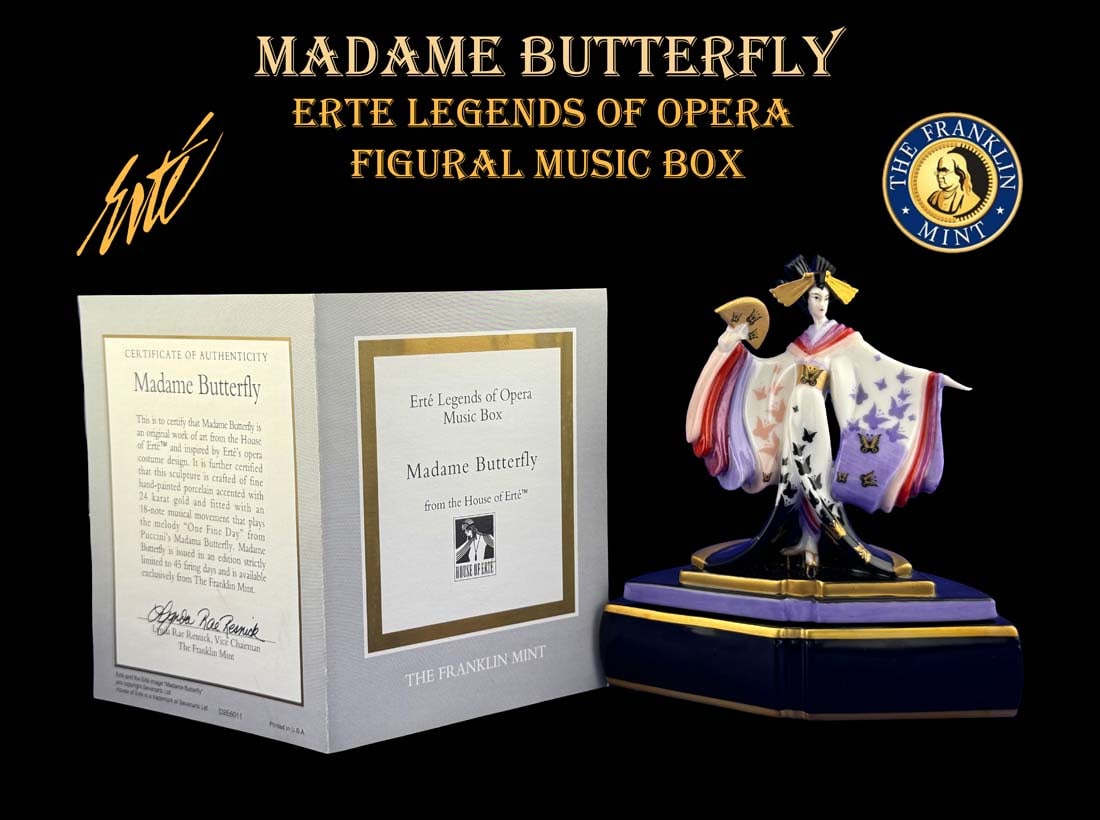 Madame Butterfly, 20th C. The House of Erte Fine Porcelain Figural Music Box, COA: Very rare vintage The Franklin Mint & The House of Erte Madame Butterfly Hand Painted Fine Porcelain (accented with 24k gold) Figurine on Music Box (18-note musical movement that plays "One Fine Day."