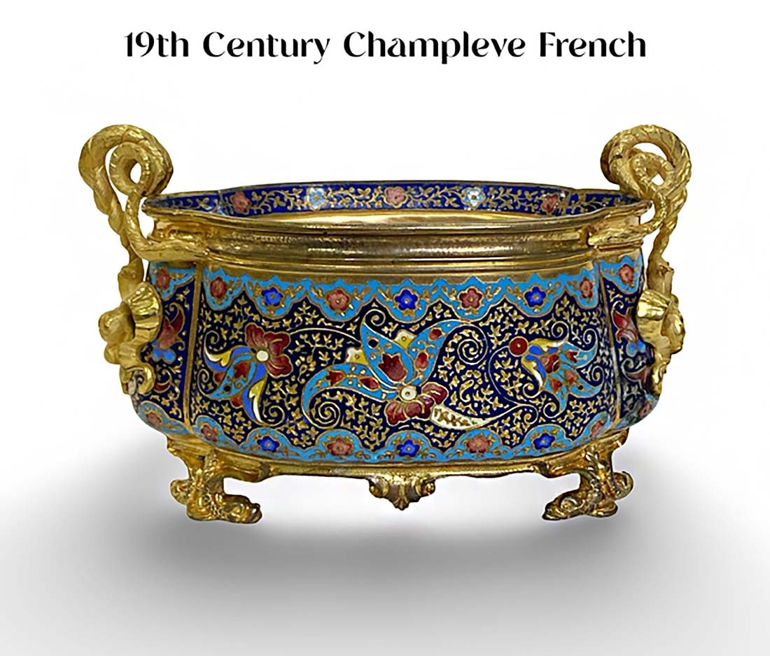 19th C. French Champleve Enamel Bronze Centerpiece/Jardiniere: 19th Century French Champleve Enamel Bronze Centerpiece/Jardiniere. H 4" x L 6.75" x W 3.25"