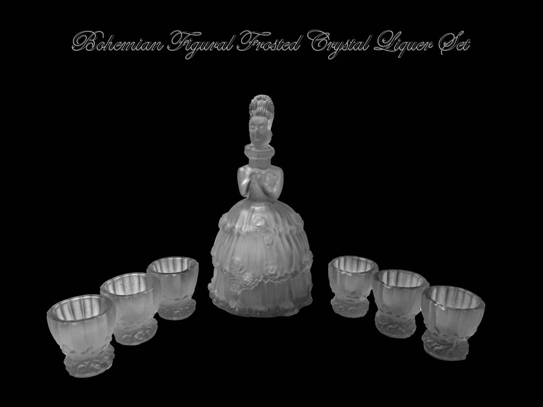 A Vintage Bohemian Figural Satin Frosted Glass Crystal Liquor Set, 7 Pcs: A Vintage Bohemian Figural Frosted Glass Crystal Liquor Set, 7 Pcs. Made in Czechoslovakia shortly after the velvet revolution 1989. Made using vintage molds from the 1930?s. Unused, Like brand new. D