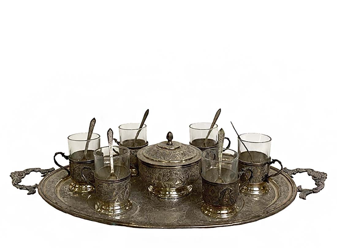 A Vintage Persian Hand Crafted Silver Tea Set, Vafadar Hallmarked: A Vintage Persian Hand Crafted Silver 84 Tea Set, Signed by silversmith Vafadar. Weight: 1931 Grams, H 3.4" x L 20.25" x W 11.1"